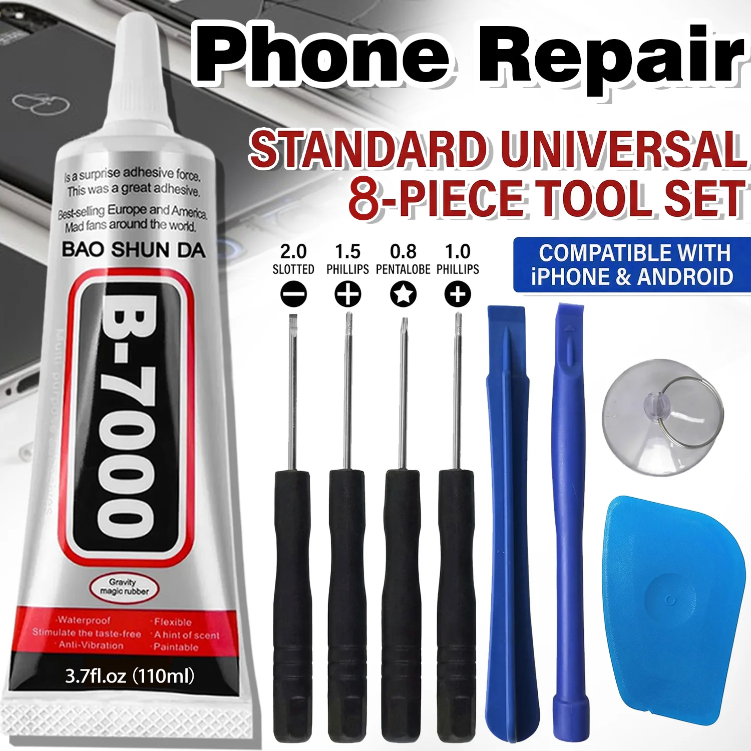 8in1 General B7000 - Ferramenta adesiva de alta resistência e à prova d'água para reparo de telas de celular, agente de colagem universal para vidros de celular, kit multifuncional de desmontagem, cola líquida.