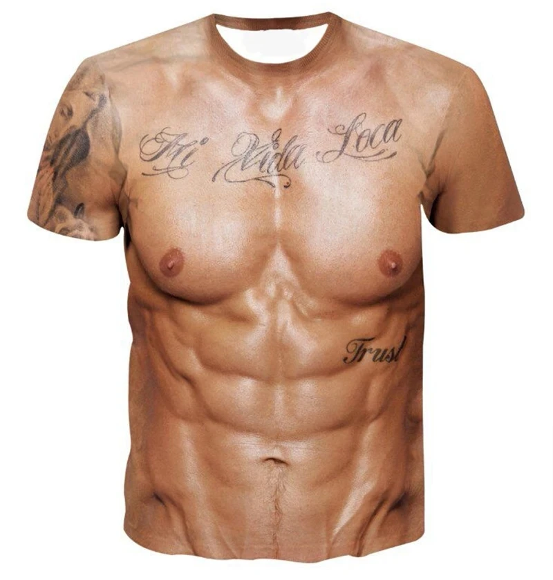 Summer New Muscle 3D Printing Men's T-shirt Fashion Street Muscle Handsome Men's Short sleeved Round Neck Loose Top