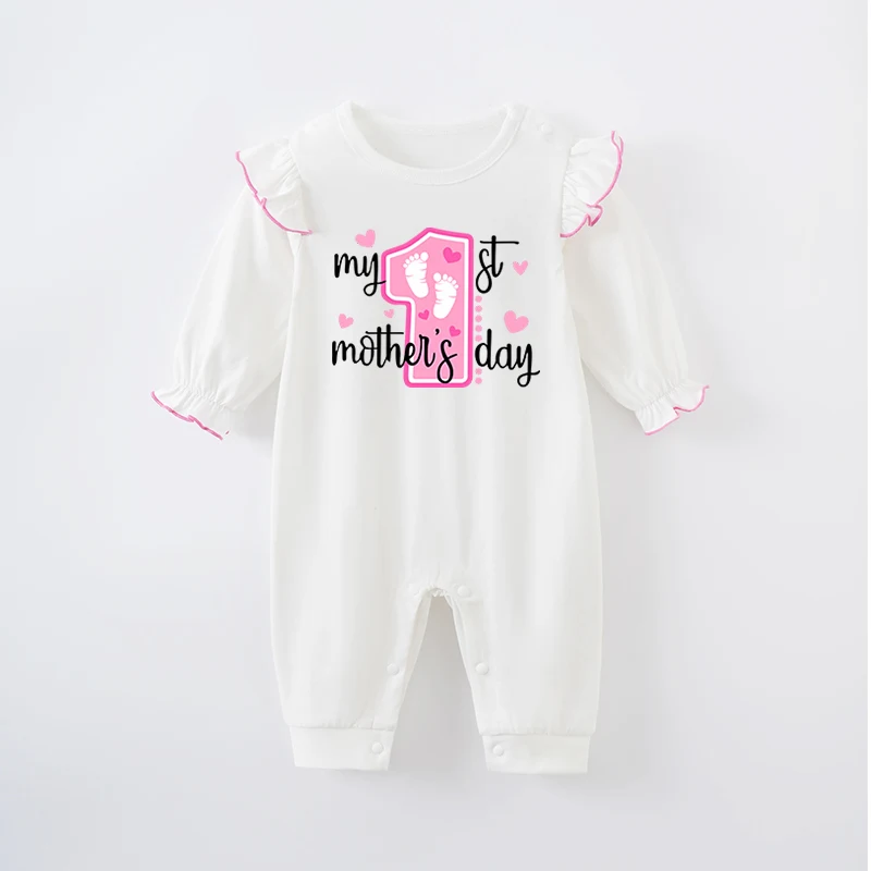 Mother's Day Newborn Baby Girl White Jumpsuit Costume Romper Onesie Boy Long Sleeve 100% Cotton Print Clothes Spring and Autumn