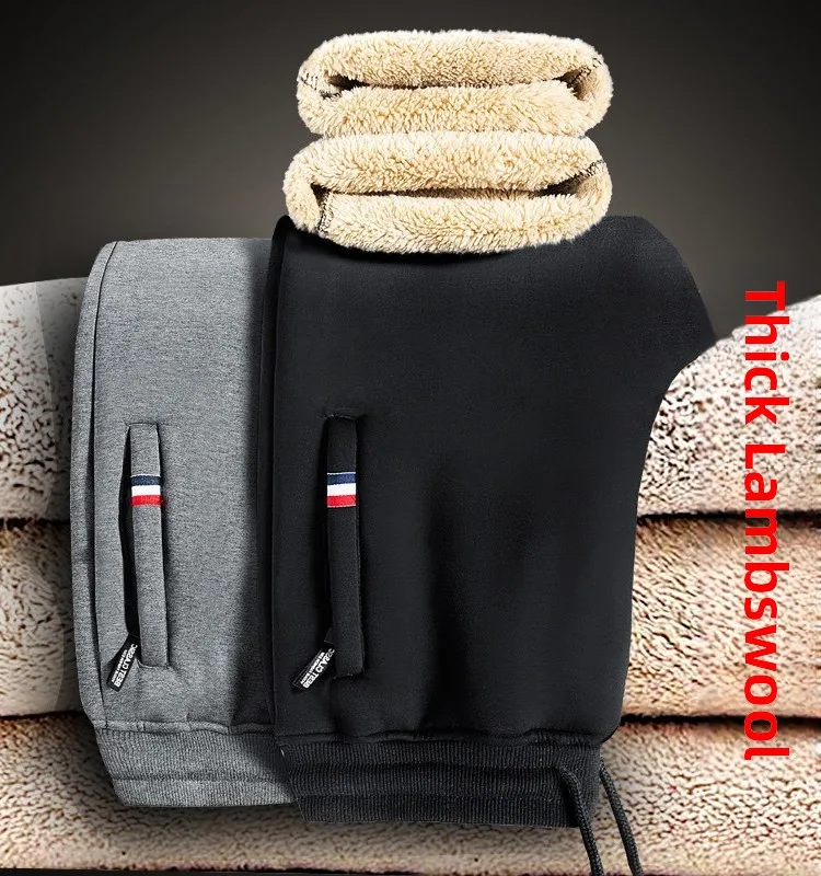 

Lamb Velvet Fce Lined Casual Pants Men's Thi Winter Sports Trousers with kets Zipper Cuffed Long Pants Youth Sle