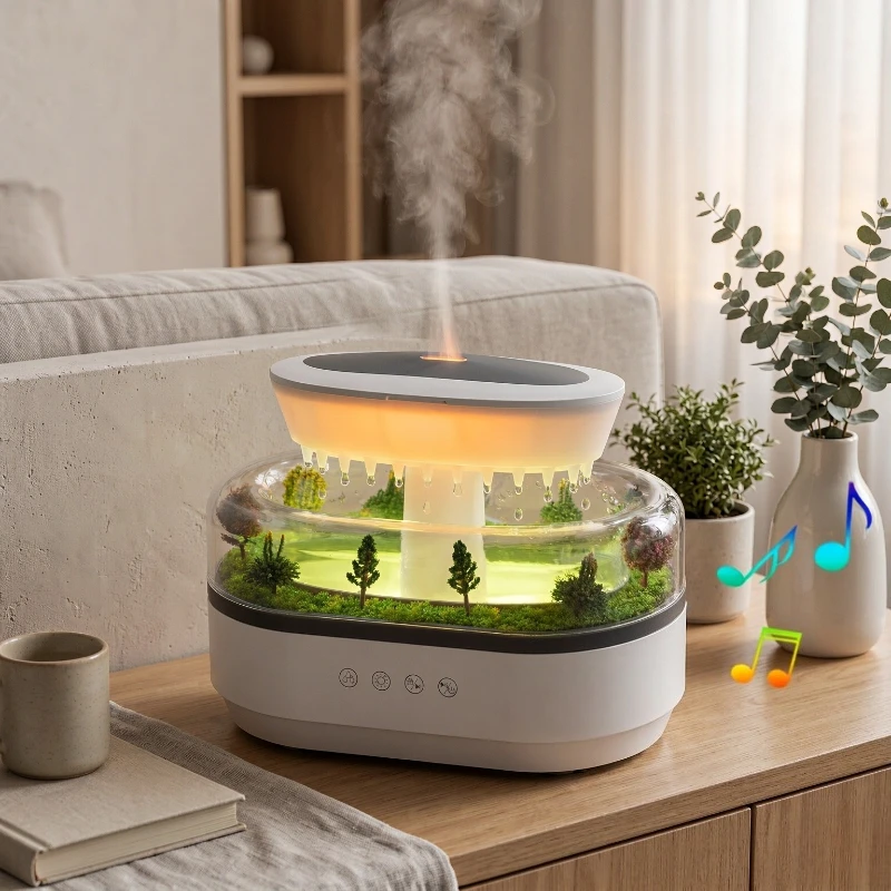 Raindrop Aroma Diffuser, Desktop Humidifier with White Noise, Seven-Color Lighting, Fine Mist, Miniature Landscape Design