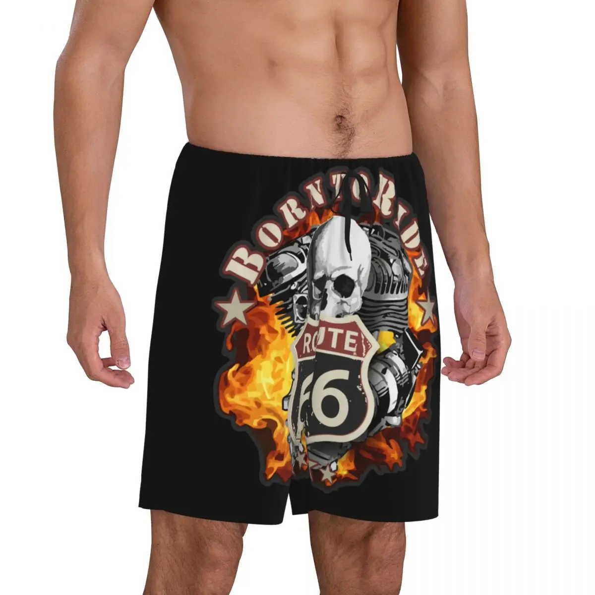 Men Born To Ride Skull Pajama Shorts Custom Print Route 66 Sleep Pjs Sleepwear Bottoms with Pockets