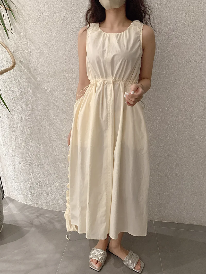 Korean Style Elegant Dress Women Summer New O-Neck Sleeveless Gift Bag Long Dresses Fashion Niche With Pocket Sundress