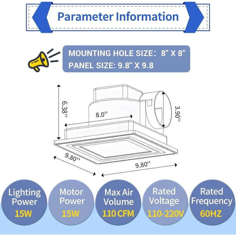 Bathroom Fan with Light, Ceiling Mount Quiet Square Bathroom Exhaust Fan with Color Change Light 3000K/4000K/6000K,