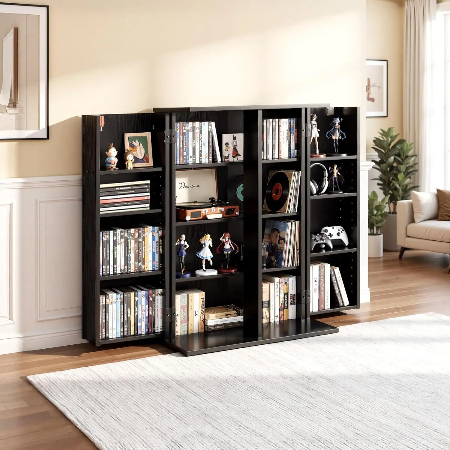 Media Storage Cabinet, 4-Tier DVD Shelf Organizer, 24.02 x 14.49 x 33.31 in Multimedia Storage Organizer for CDs, DVDs, Books