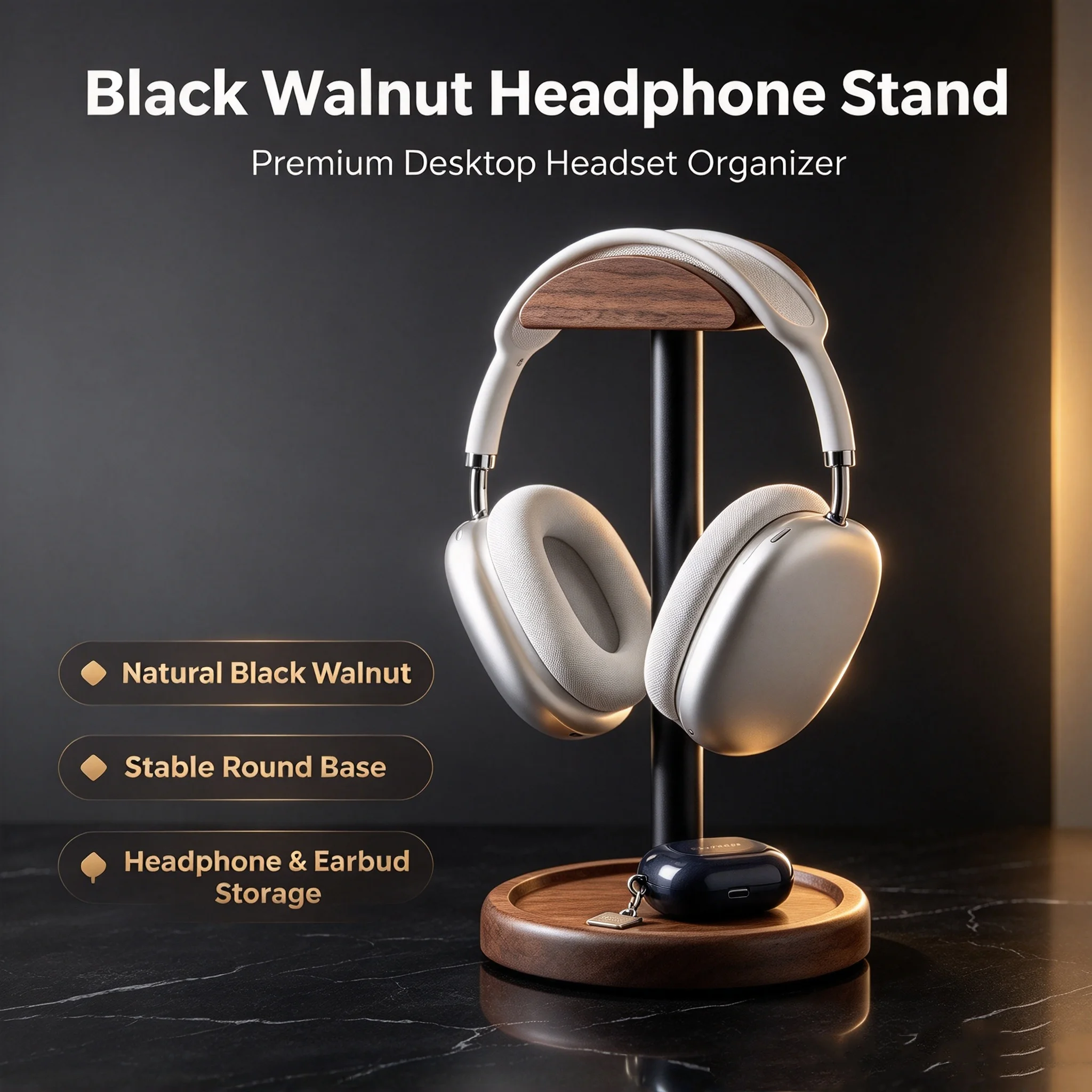 Black Walnut Wooden Carbon Steel Universal Headphones Stand Head-mounted Gaming Music Earphones Desktop Display Bracket Shelf