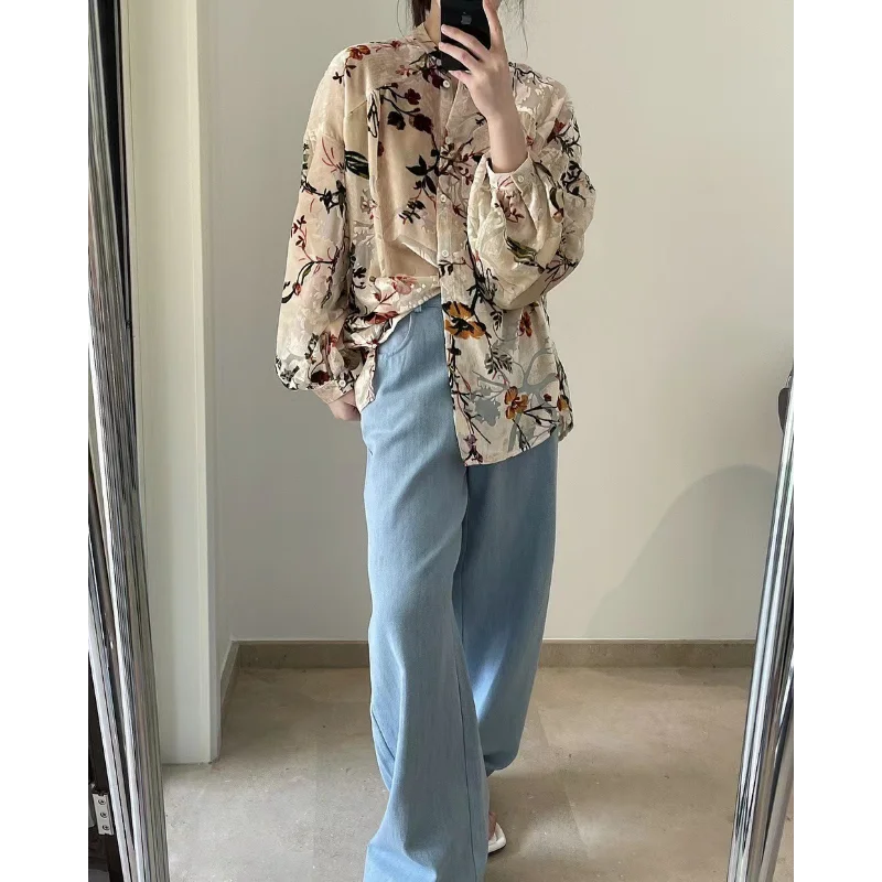 Vintage Wine Velvet Print Loose Shirt for Women Fashion Basic Simple Stand Collar Casual Elegant French  Korean Chic Lady Blouse
