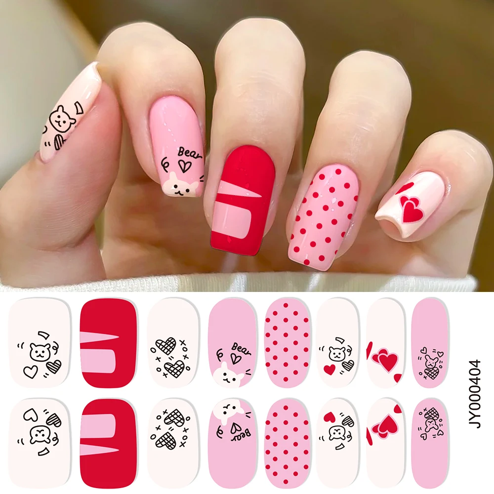 Autocollants pour ongles en Gel, 16 pointes, rouge, Semi-durci, cœur blanc, doux amour, bandes auto-adhésives, Patch, lampe UV, besoin d'une pression sur les enveloppes d'ongles