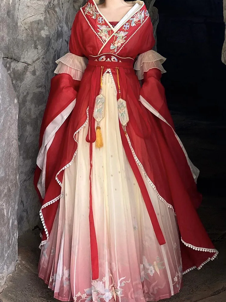 

Women's Hanfu Costume Print Long Sve Cosplay New Year's Ceremony Set High Waist A-Line Dr V-Ne Long Skirt Traditional...