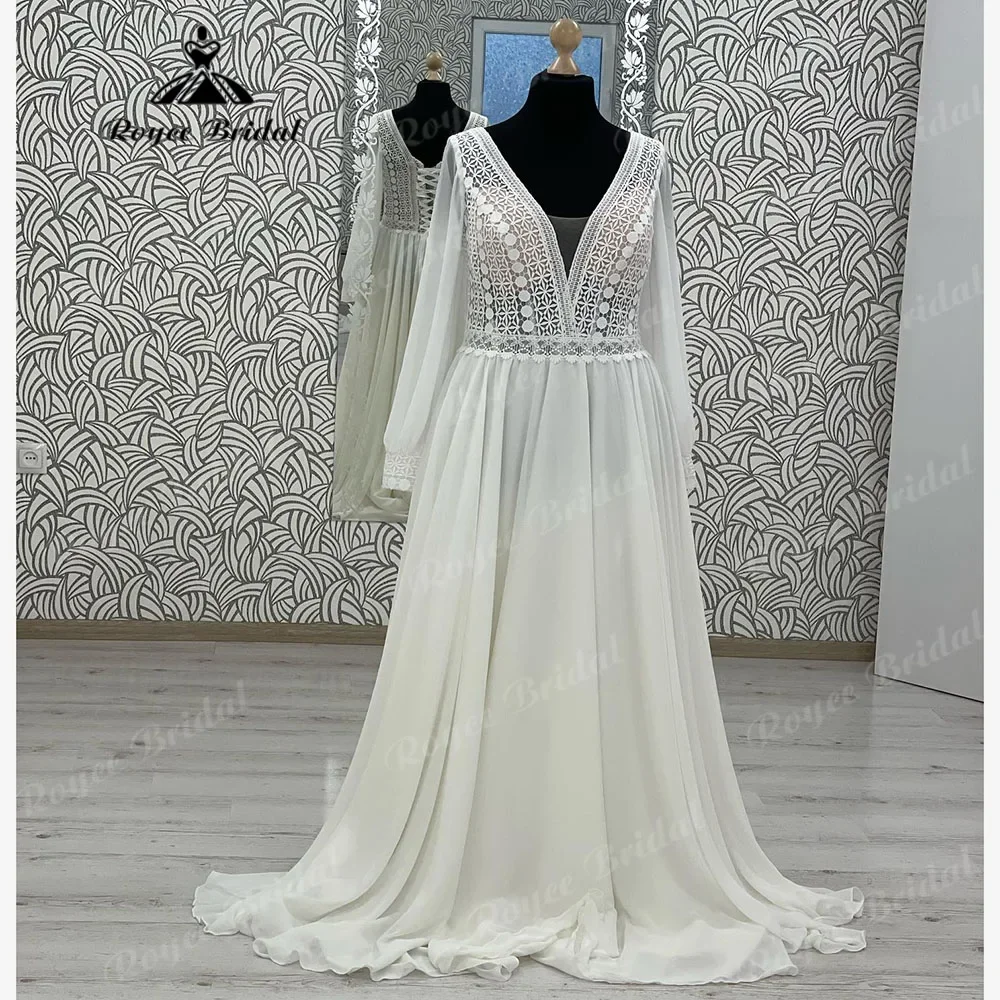 Modest V Neck Long Sleeve Lace Chiffon Boho Wedding Dress for Women 2025 Bridal Gown Lace Up Back vestidos de novia bohemio