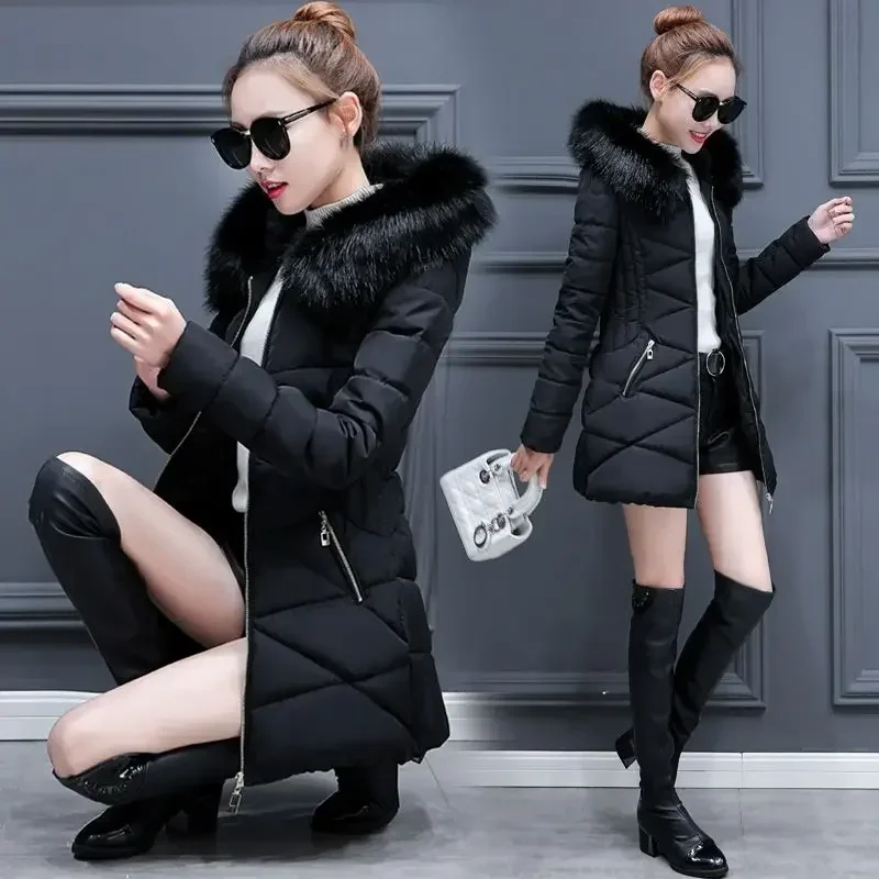 Lady Winter Coat Women Down Cotton Fur Collar Hooded Jacket Woman Casual Warm Outerwear Jackets Female Girls Black Clothes 1187