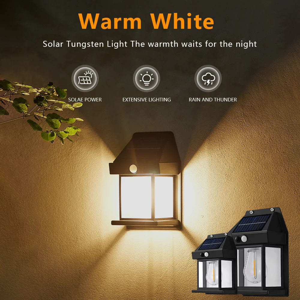 Luces solares de tungsteno blanco cálido, 3 modos, luz Solar para exteriores, lámpara de pared con Sensor de movimiento IP65, impermeable, para jardín, garaje y patio, 1 ud.