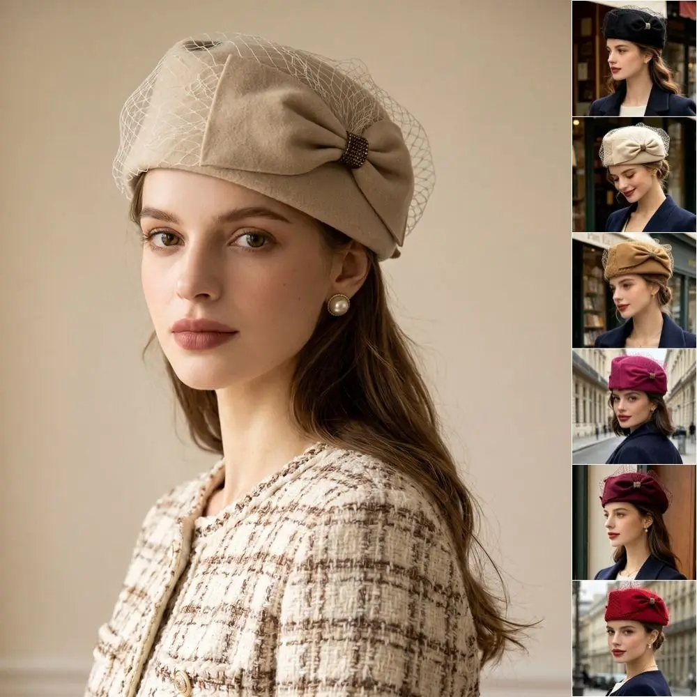 Fashion French Style Bow Fedora Hat Elegant Fedoras Pillbox Hat Solid Color Air Hostess Woolen Beret Banquet