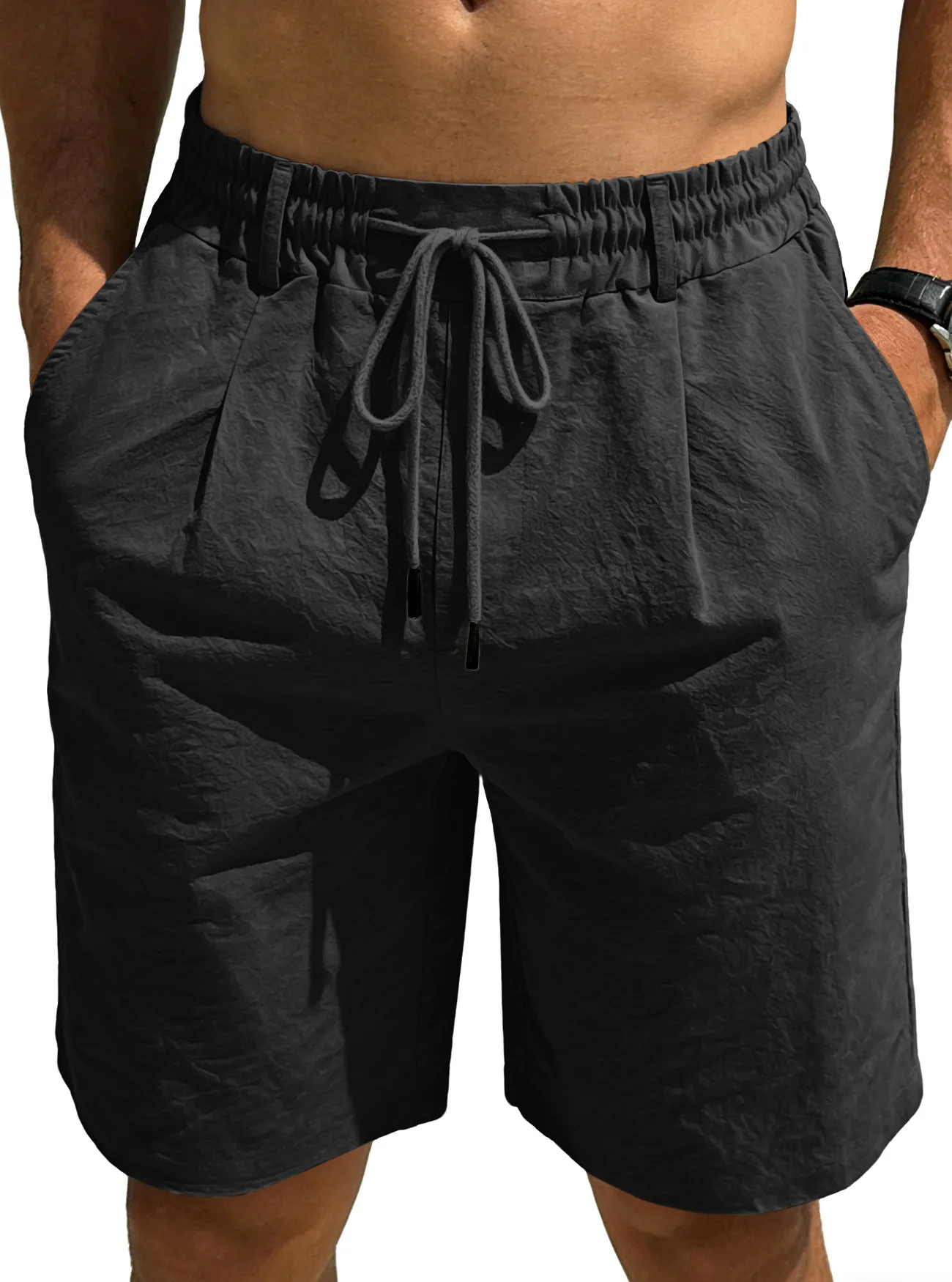 Men‘s Cotton Linen Shorts Summer Casual Beach Quick Dry Breathable Loose Fit Solid Color 5 Inch Inseam Short Pants with Pockets