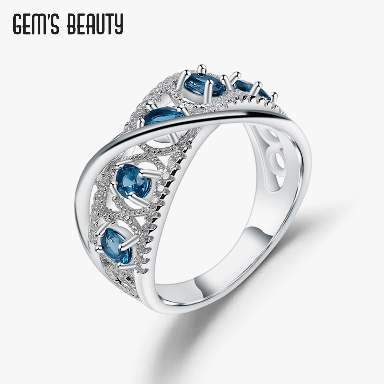 GEM'S BEAUTY Natural London Blue Topaz Gemstone Ring For Women Soid 925 Sterling Silver Jewelry For Engagement Streamline