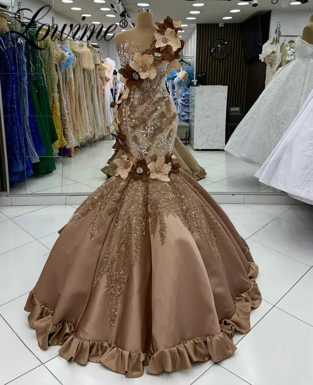 

Customized Brown Mermaid Prom Dresses 2026 Dubai 3D Floral Crystals Beaded Formal Occasions Evening Party Gowns for Weddings