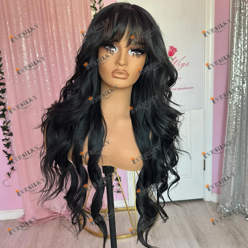 

Brazilian Jet Black #1 Human Hair Remy Full Lace Wigs for Women Glueless 200Density Fringe 360 Lace Frontal Wigs with Bangs