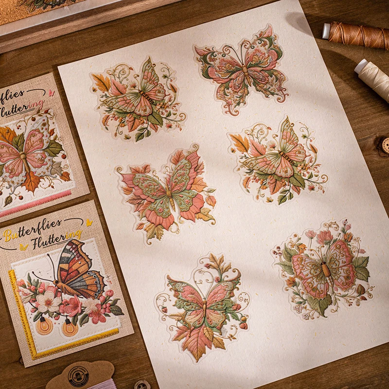 Faux Embroidery‑Style Butterfly & Flower Sticker Pack, Journal Collage Decor Stickers, for Diary and Water Bottle Decoration