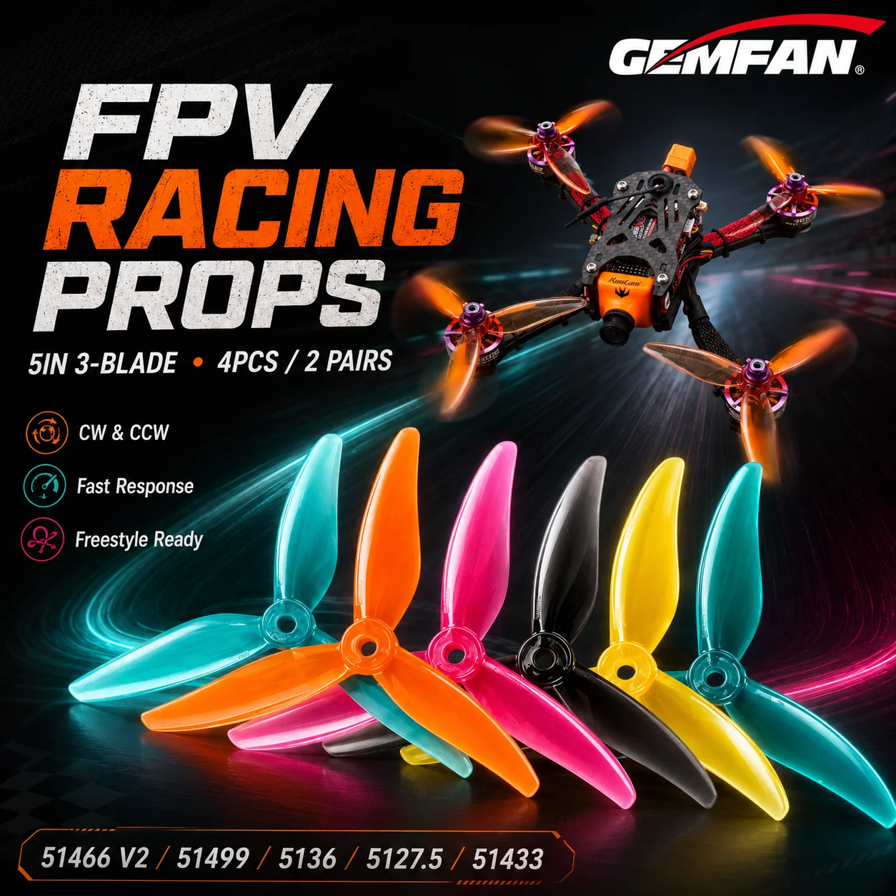 2Pairs Gemfan V2 51466/51499/5136/5127.5/51433 5inch Propeller CW CCW For RC FPV Racing Freestyle Drone Motor DIY Upgrade Parts