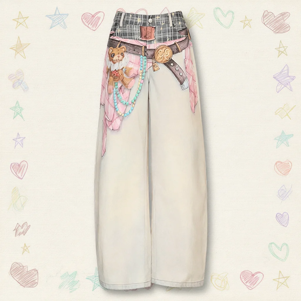 ELFSACK Women's Vintage Baggy Pants with Trompe L'oeil Design, Casual Wide Leg Trousers, Y2K Streetwear Curved Leg Pants