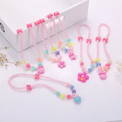 1pc Kawaii Cartoon Animal Necklace for Children's Candy Color Pearl Beaded Cute Necklaces Accessories for Girls Gift Wholesale