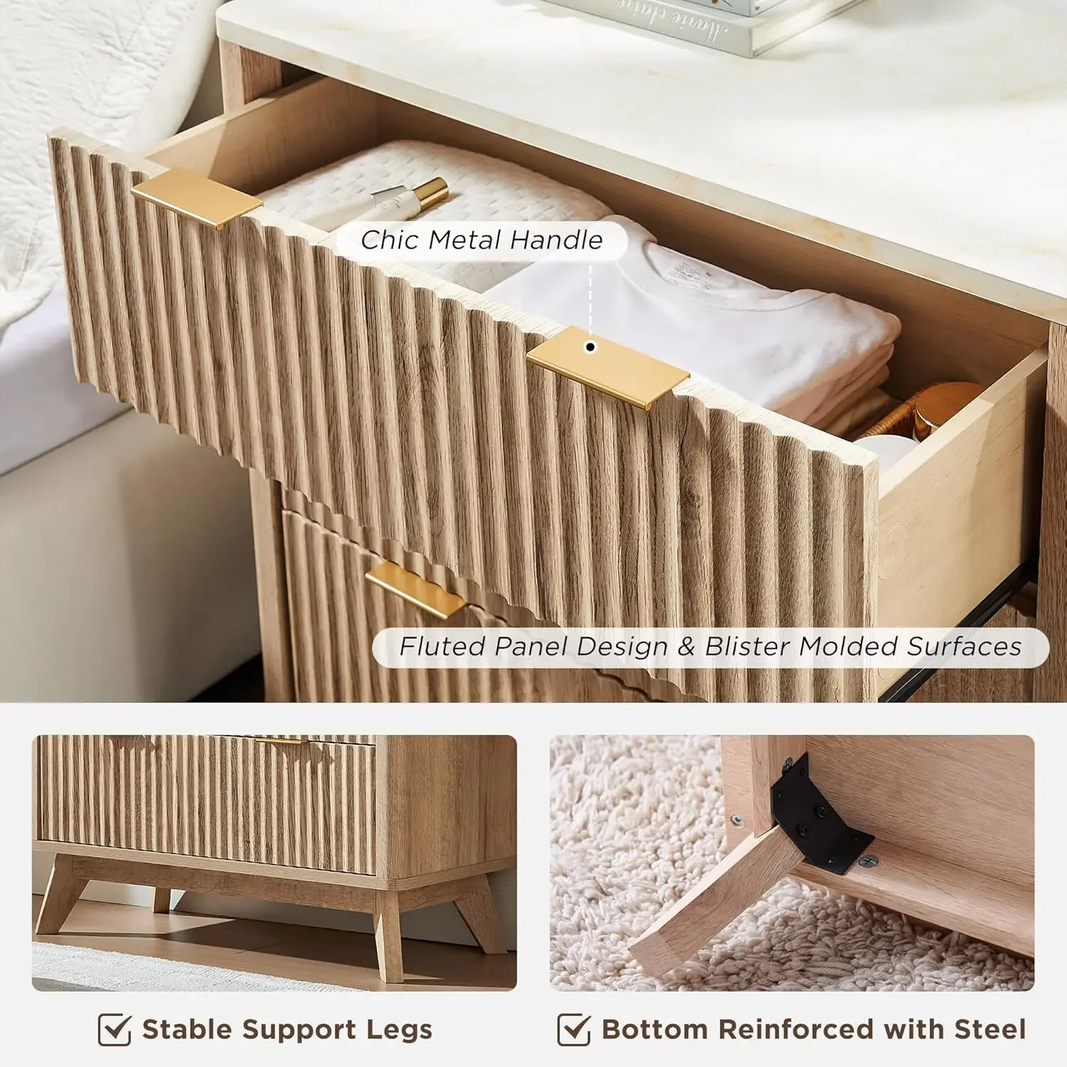 [Ограниченный запас, купите сейчас! ] Высокая рифленая тумбочка 32 дюйма, набор из 2 шт., современный приставной столик со столешницей из искусственного мрамора, торцевой столик с 3 ящиками и разъемом