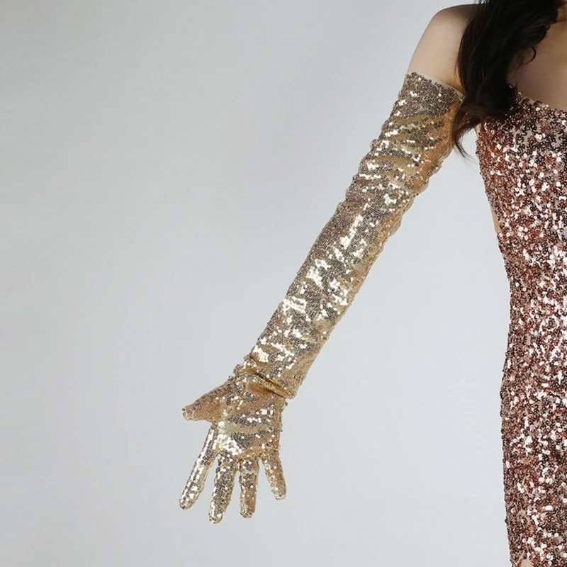 50JB Woman Long Sleeve Glove with Sequins Design Sequins Full Finger Elegant Gloves