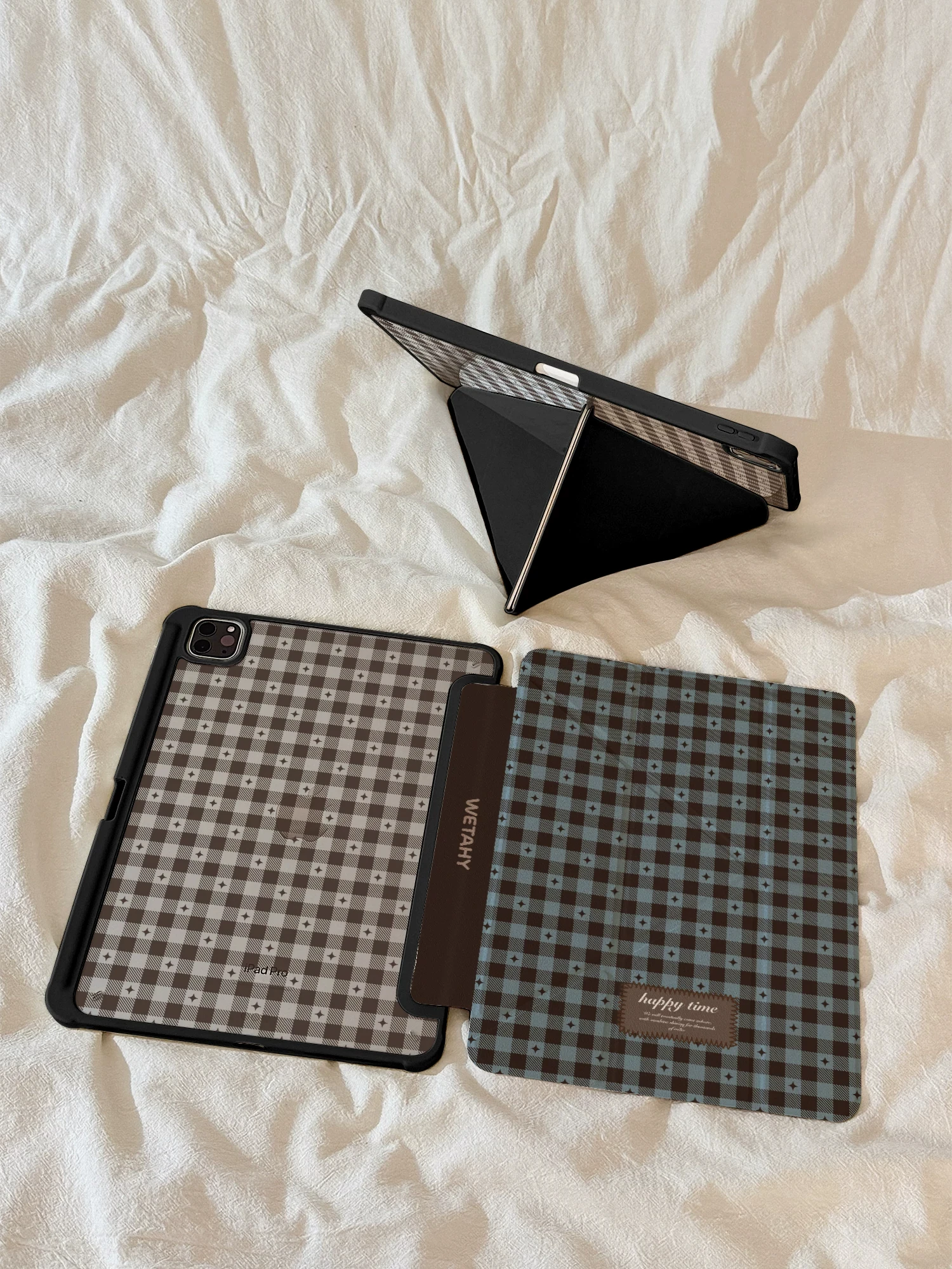 Cartoon Grid Label Tablet Case For iPad pro10/11/2020/6th/7th /8th /Air 3rd/Air 4th/9th Air 5th Air 11 3Y-Fold Protected Cover