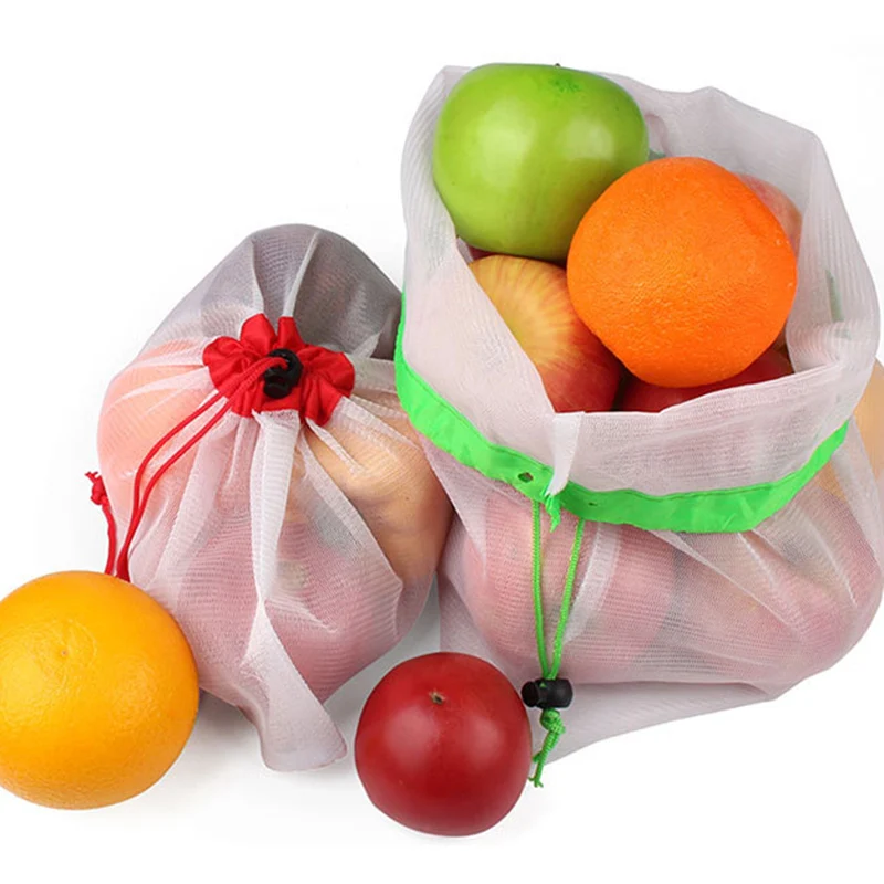 Reusable Mesh Produce Bags Washable For Grocery Shopping Bag Fruit Vegetable Net Bags Organizer Sundries Drawstring Storage Bags