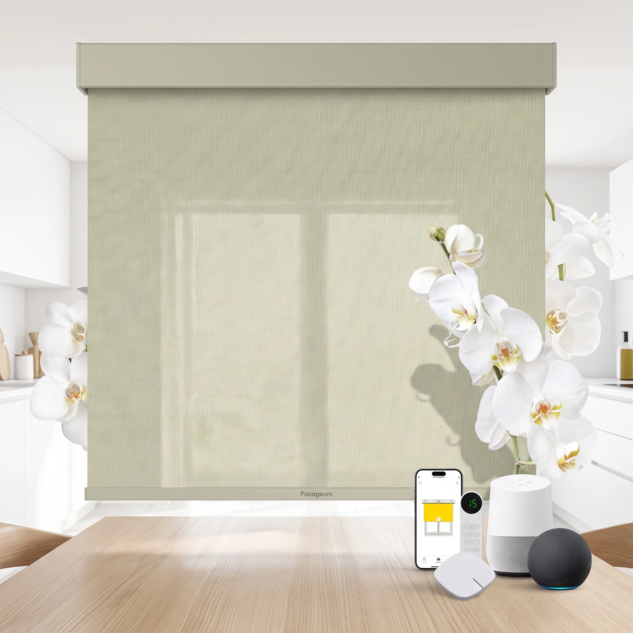 Pocageum Motorized Cordless Roller Blind Custom Size Custom Color Light Filtering Window Shade Remote Control Blackout for Home