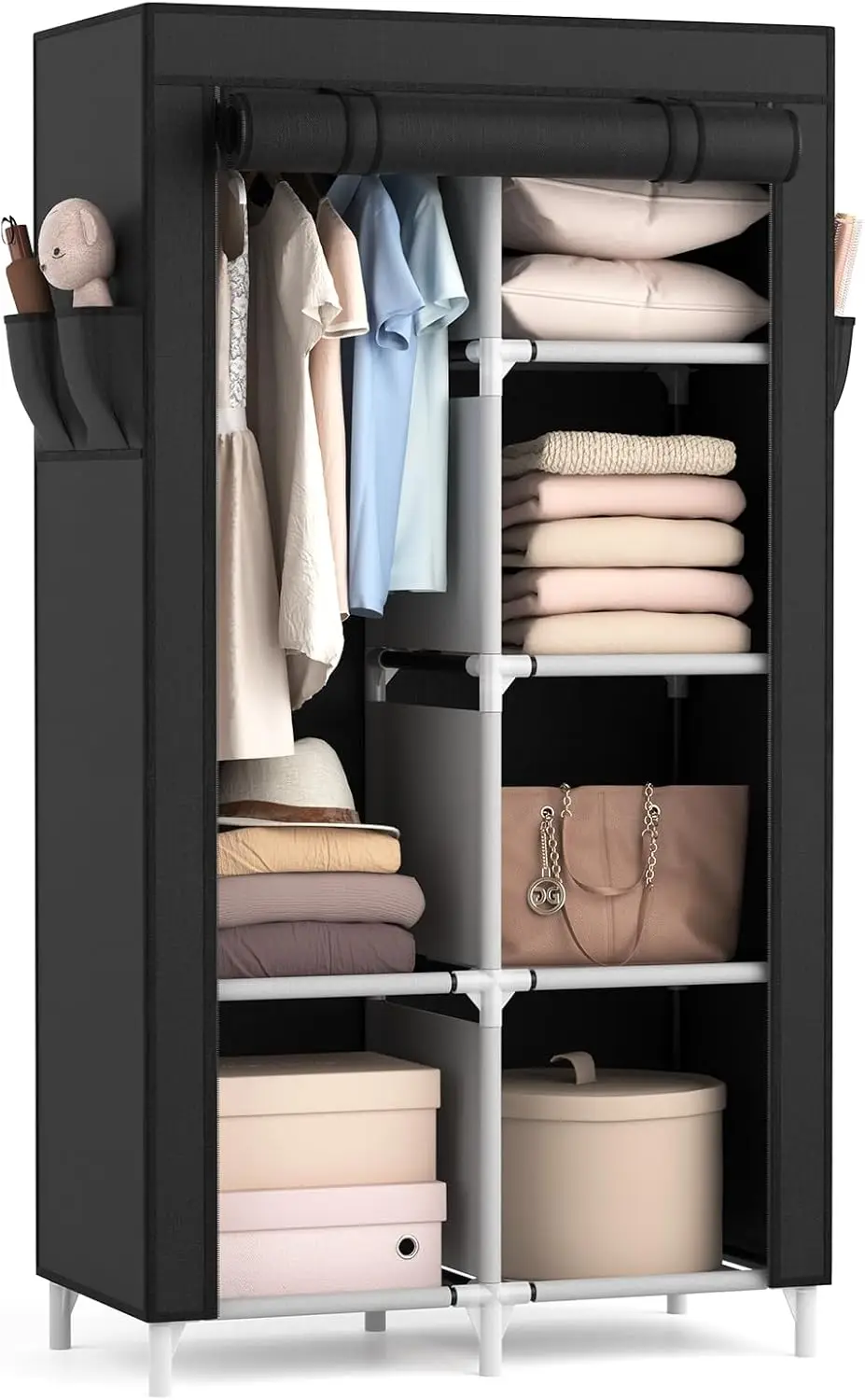 Portable Closet Wardrobe Closet for Hanging Clothes with 6 Storage Shelves, 1 Hanging Rod and 4 Pockets