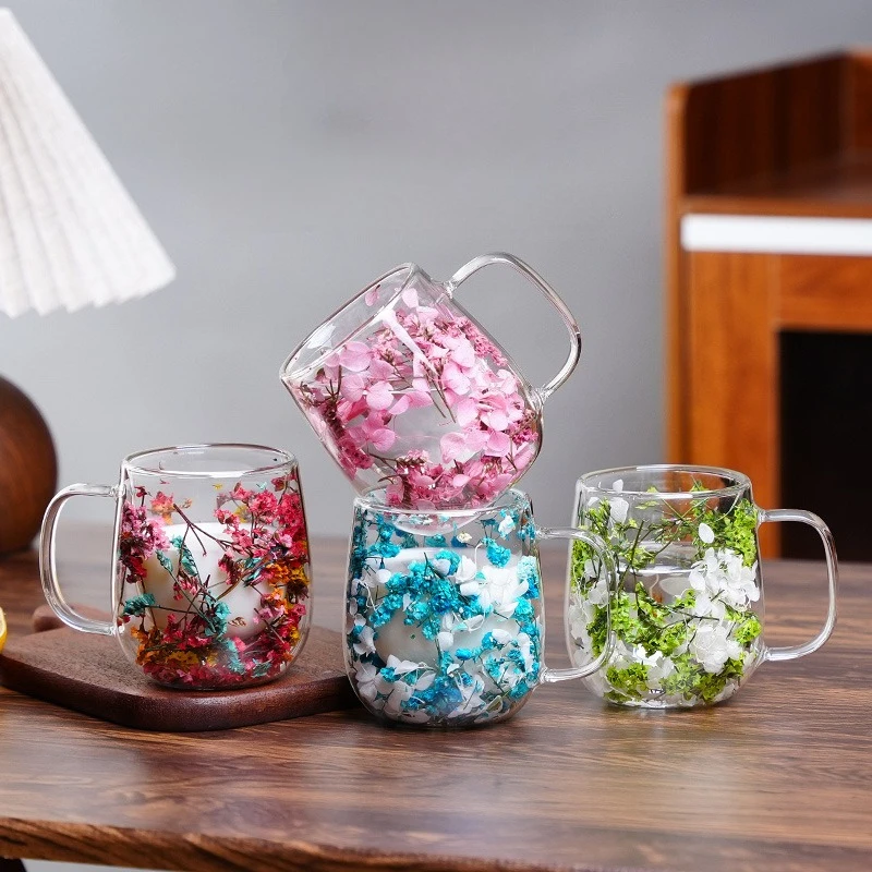 Creative Style Air-dried Real Flower Double-layer Anti-scalding Glass, Office Coffee Cup with Handle, Home Milk Juice Drink Mug