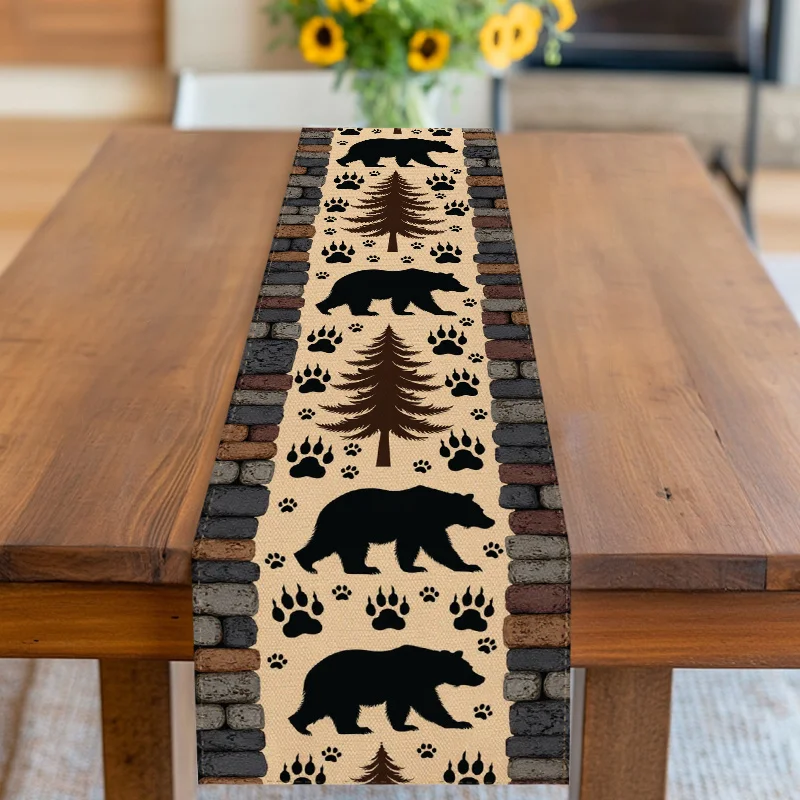 Woodland Bear Pine Tree Table Runner - Beige Black Print for Party Holiday Picnic Home Table Decor