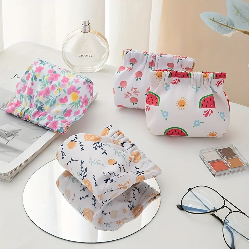 Elastic Hair Tie Cosmetic Bags Organizer, Cute Pattern Printing Coin Purse Self-closing Small Item Bags Portable Travel Storage