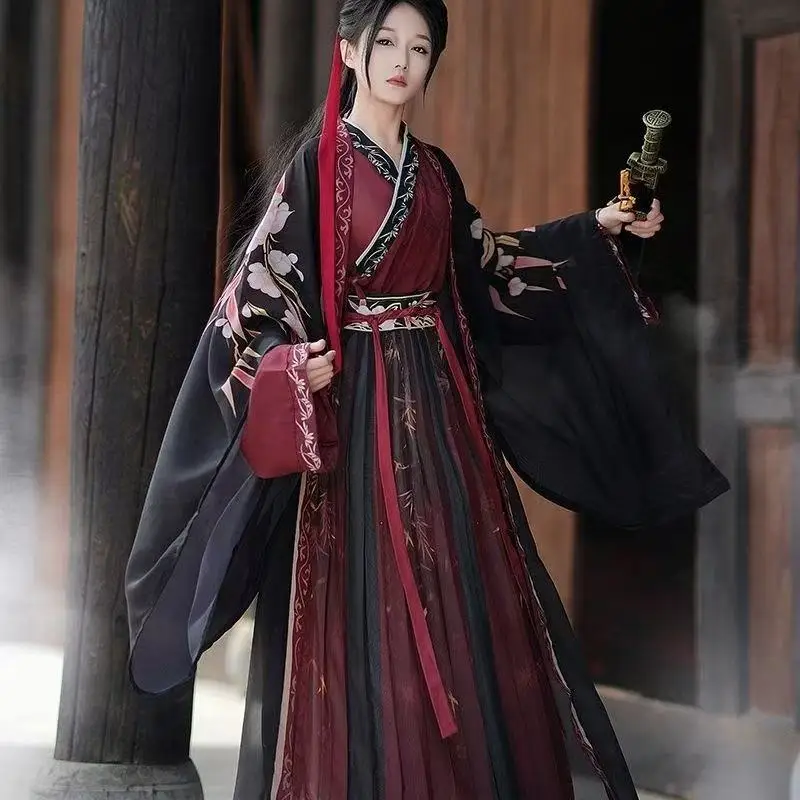 

Classic Black Red Hanfu Song Dynasty Bamboo Printing Dress Halloween Event Wuxia Martial Cosplay Costume Stage Large Sleeve Robe