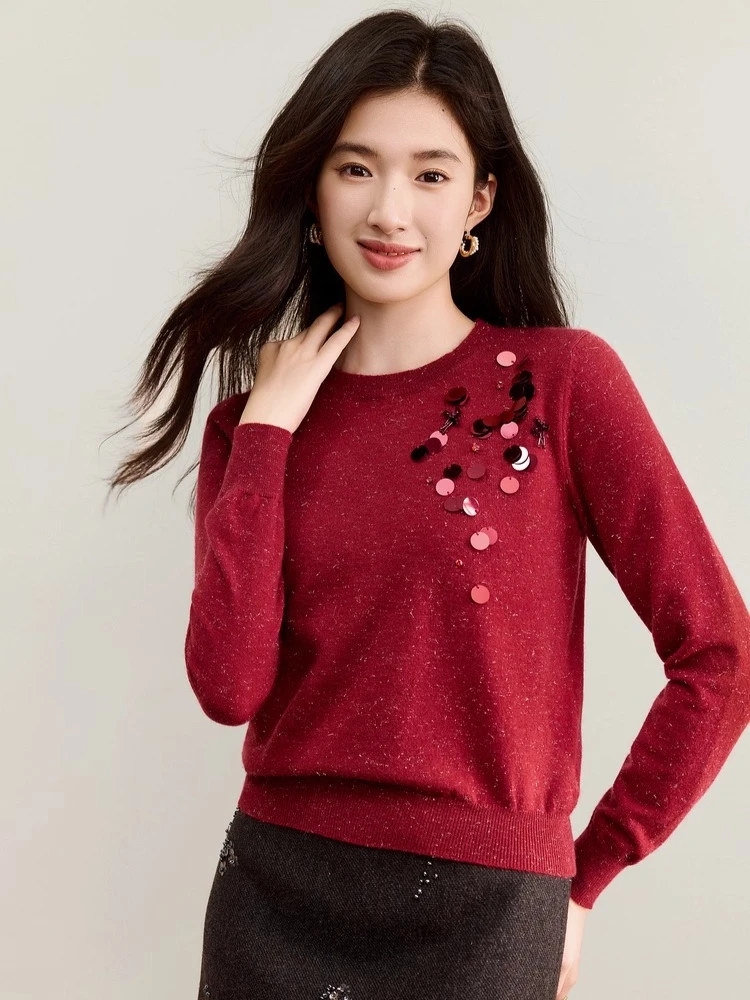 

SENTUBILA Long Sleeve Tops For Woman 2025 Autumn Fashion Red Cluster Sequin Floral Knit Sweater Casual Pullover Tops W53HE3793