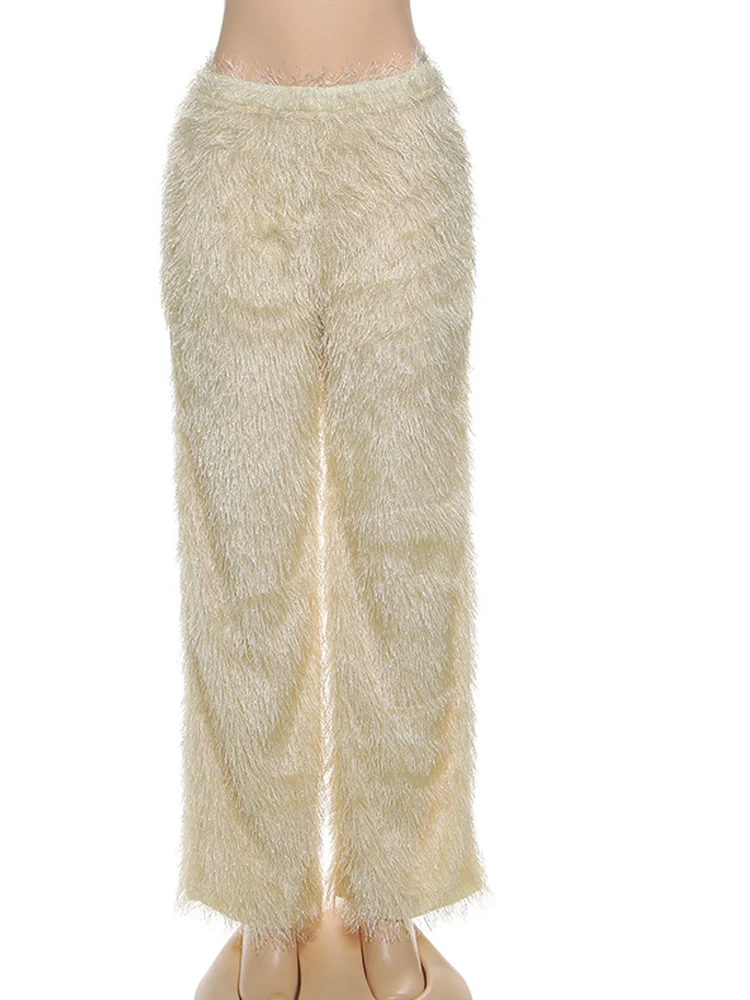 Kricesseen High Street couleur unie gland frangé jambes larges pantalon fausse fourrure pantalon femmes taille haute fourrure pantalon tenue de nuit