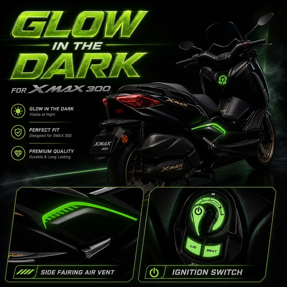 For 2025 XMAX 300 Glow In Dark Motorcycle Stickers Lgnition Lock Side Vent Body Decor Luminous Style Vinyl Accessories Decals