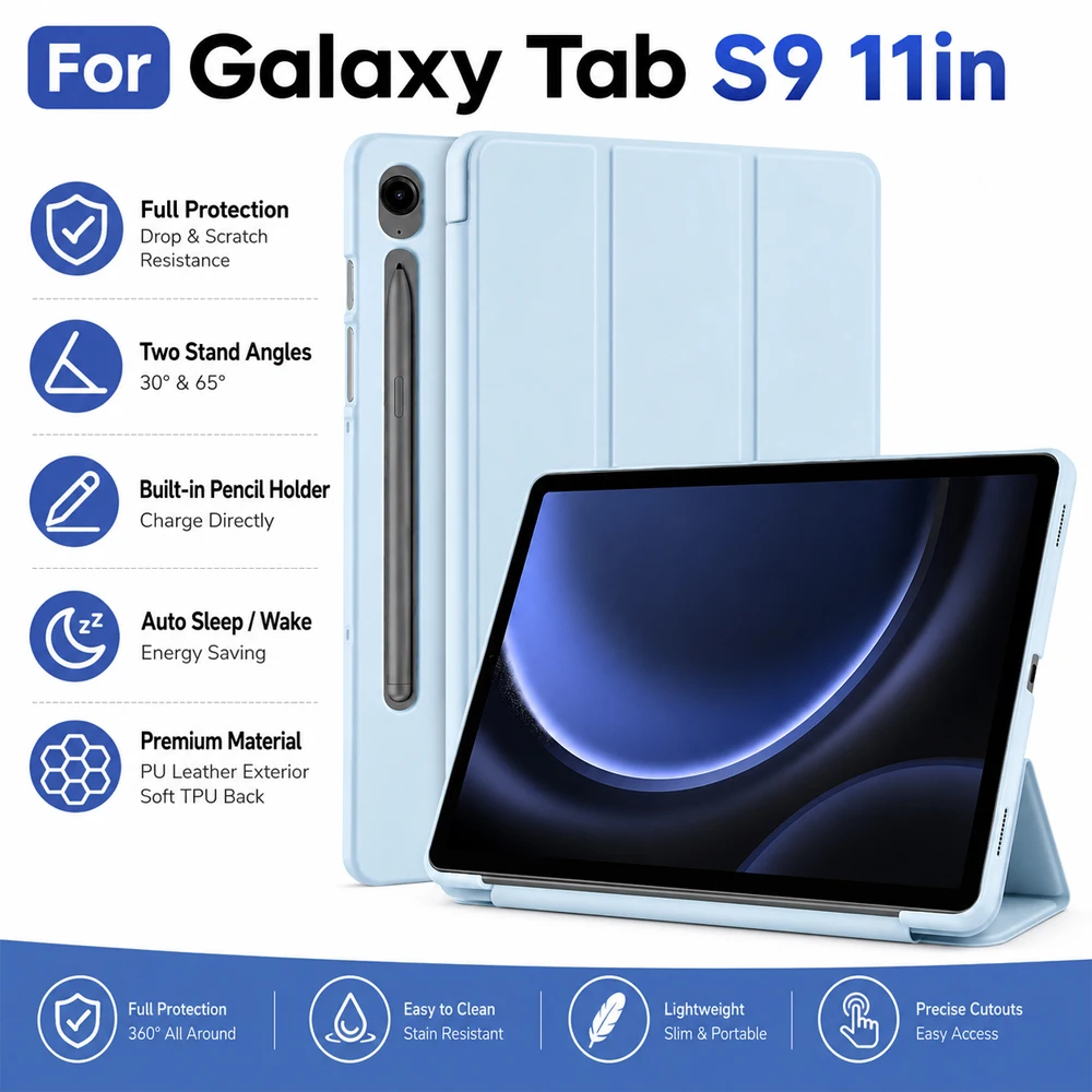 For Samsung Galaxy Tab S9 11 Inch Case 2023 SM-X710 X716B X718U Trifold Stand Cover S Pen Holder Auto Sleep Wake Soft TPU