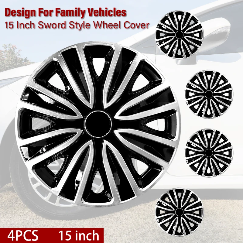 15 inch Sword Style Hubcaps Black & Silver Wheel Covers for Cars Set of 4 Fits Honda Volkswagen, Chevy, Mazda,Dodge Hub Caps