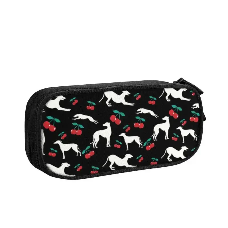 Cute Greyt Greyhound Cherry Pencil Case for Girl Boy Large Storage English Sighthound Whippet Dog Pencil Bag School Supplies