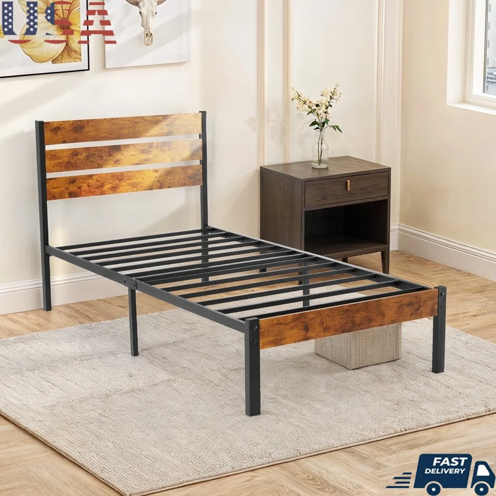 

Twin Size Metal Platform Bed Frame with Headboard Footboard Heavy Duty Storage Space Easy Assembly Industrial Design