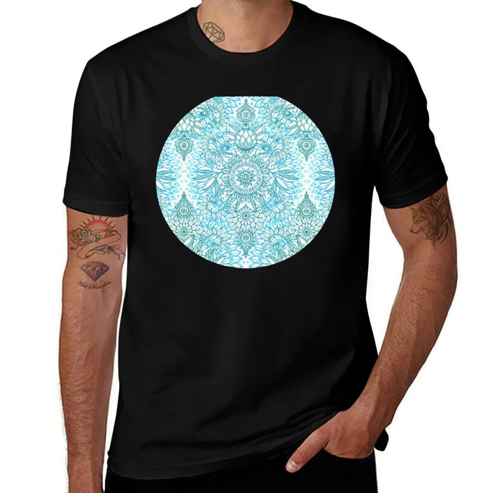 

Turquoise Blue, Teal & White Protea Doodle Pattern T-Shirt Plus Size Non-Shrink T-Shirt