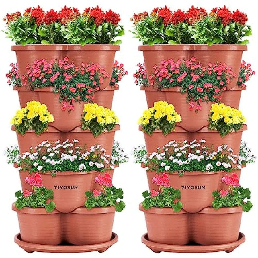 2-Pack 5 Tier Vertical Gardening Stackable Planter for Strawberries, Flowers, Herbs, Vegetables, Brown Plastic Durable Weather-