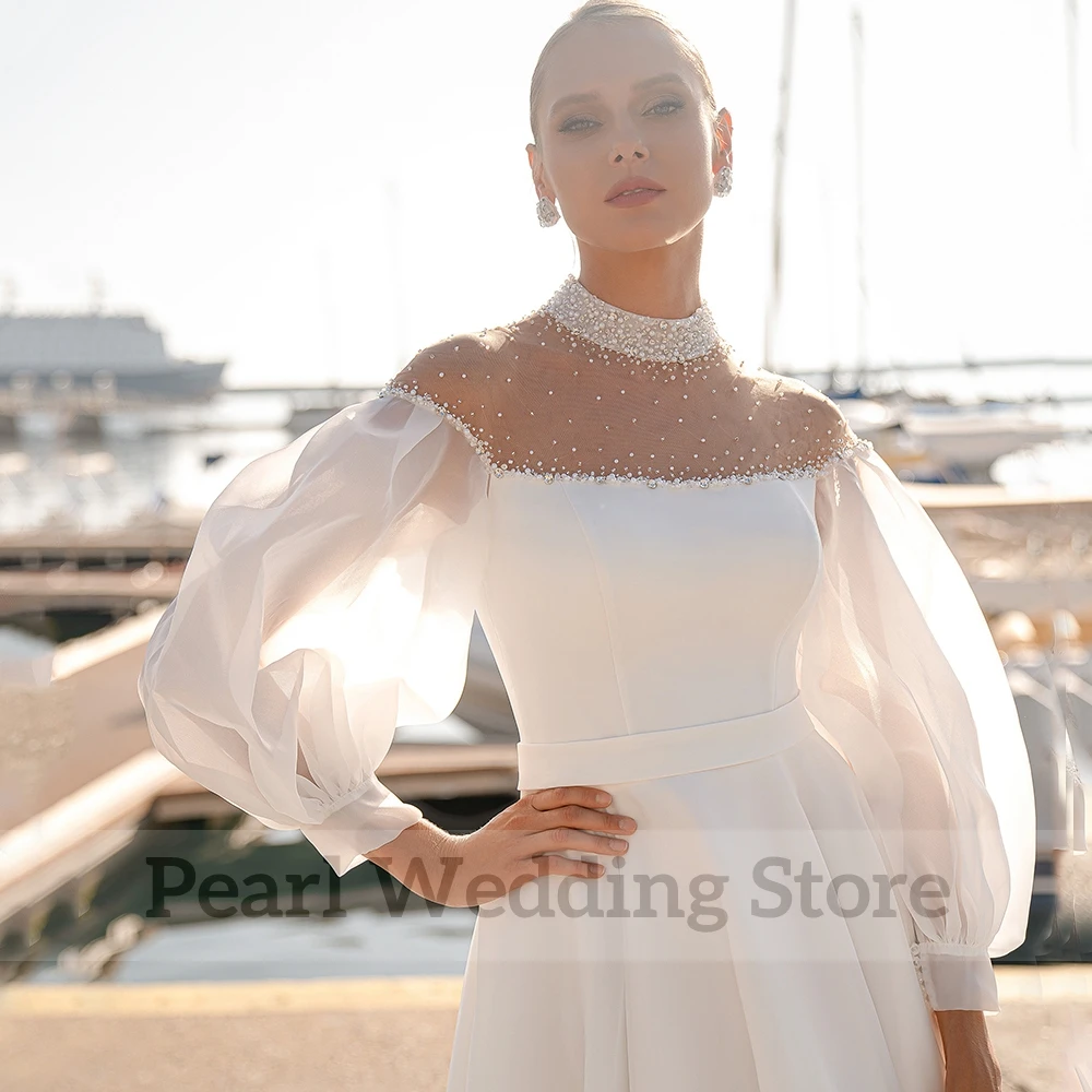 Beaded High Neck Lantern Long Sleeve Wedding Dress A-Line Belt Floor Length Sweep Train Bride Formal Princess Custom Made Gown