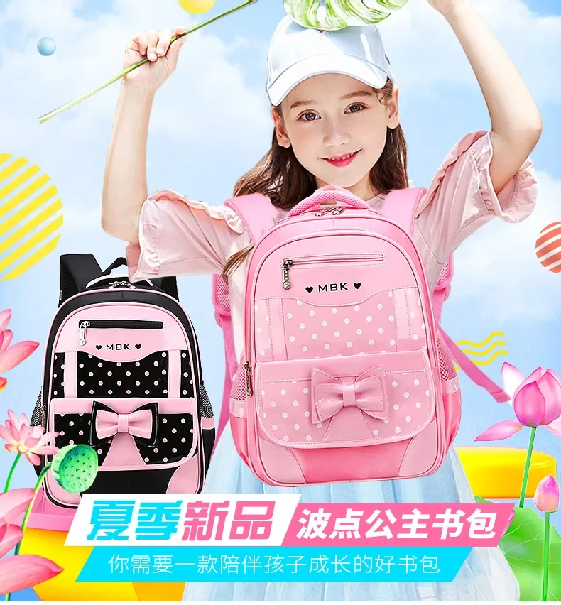 Zaino per scuola elementare con papillon versione coreana, in pelle PU per bambini, impermeabile, di grande capacità, per proteggere la colonna vertebrale