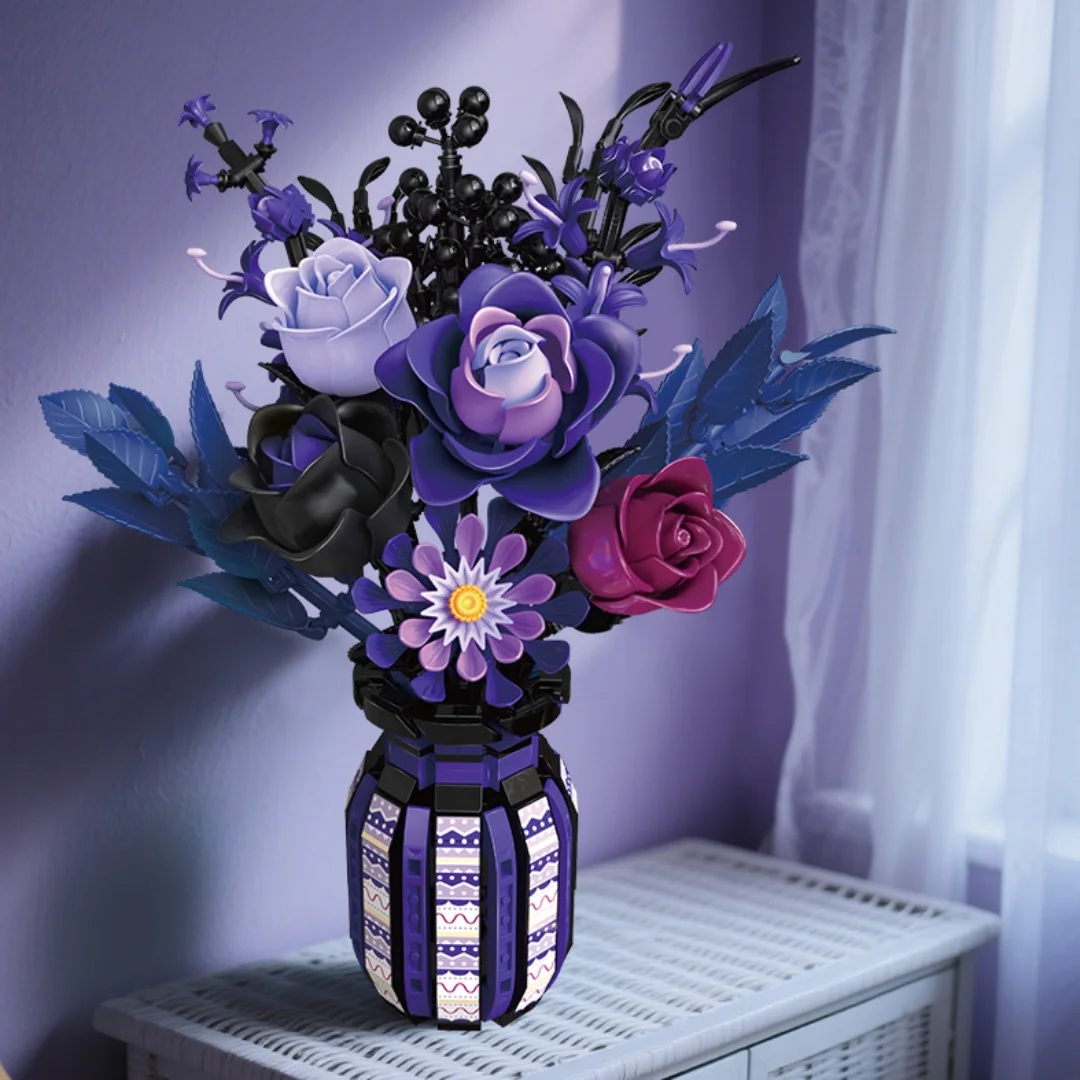 

983 + шт. готический стиль фиолетовые розы букет ваза строительные блоки украшения | Красная роза, черная роза, набор строительных блоков для букета фиолетовых роз | День святого Валентина, День Благодарения, Хэллоуин, Рождественские подарки
