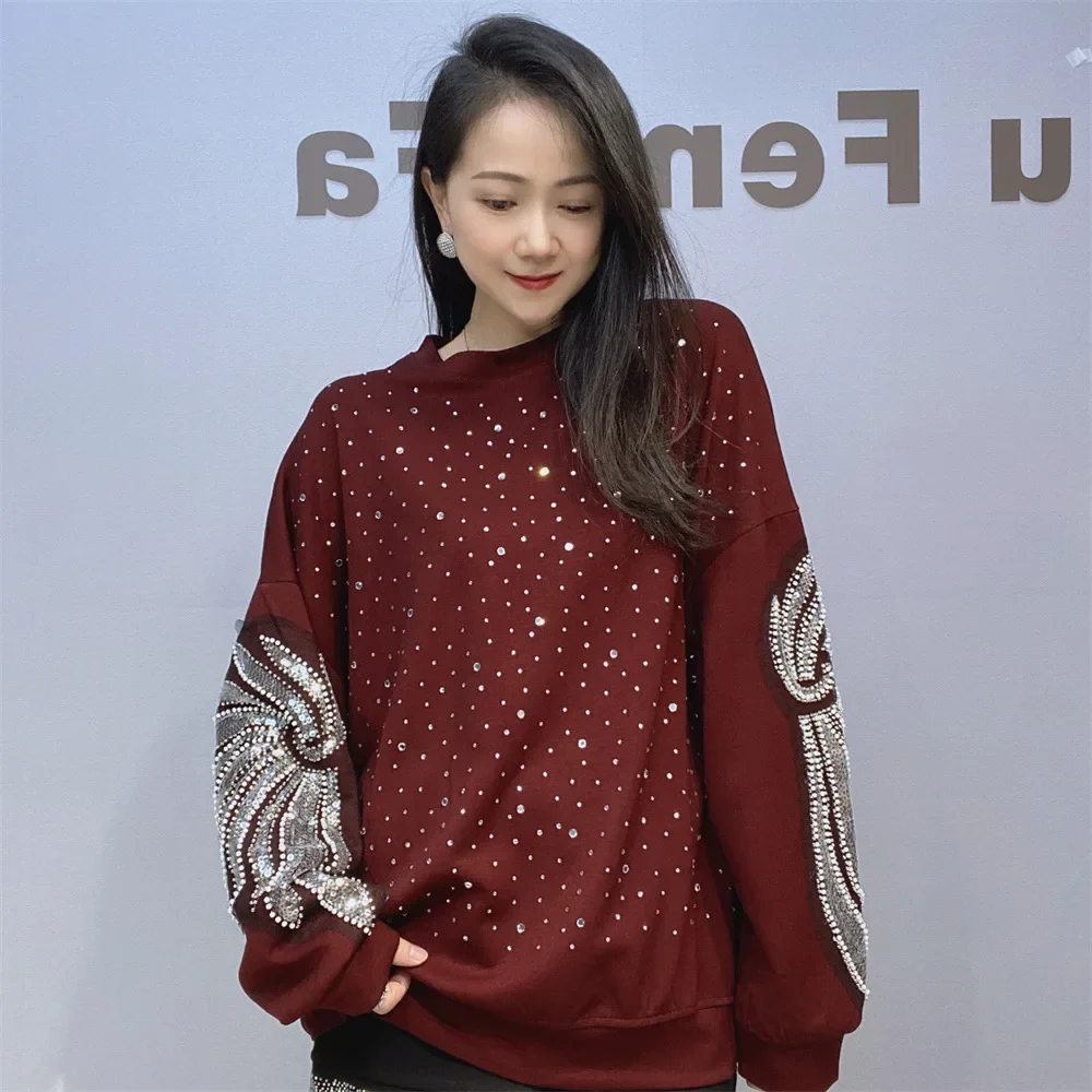 Feminine Loose Over Size Round Neck Casual Sweatshirts Women's 2024 Autumn New Fashion Sportswears Pearl Sequin Long Sleeve Tops