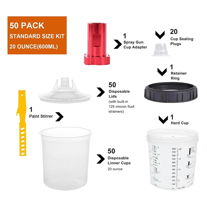 Cangkir Pencampur Cat Sekali Pakai untuk Pistol Cat Otomotif, Cangkir Penyemprot Cat Udara dengan Adaptor Cangkir Kit 20 Ons (600Ml)