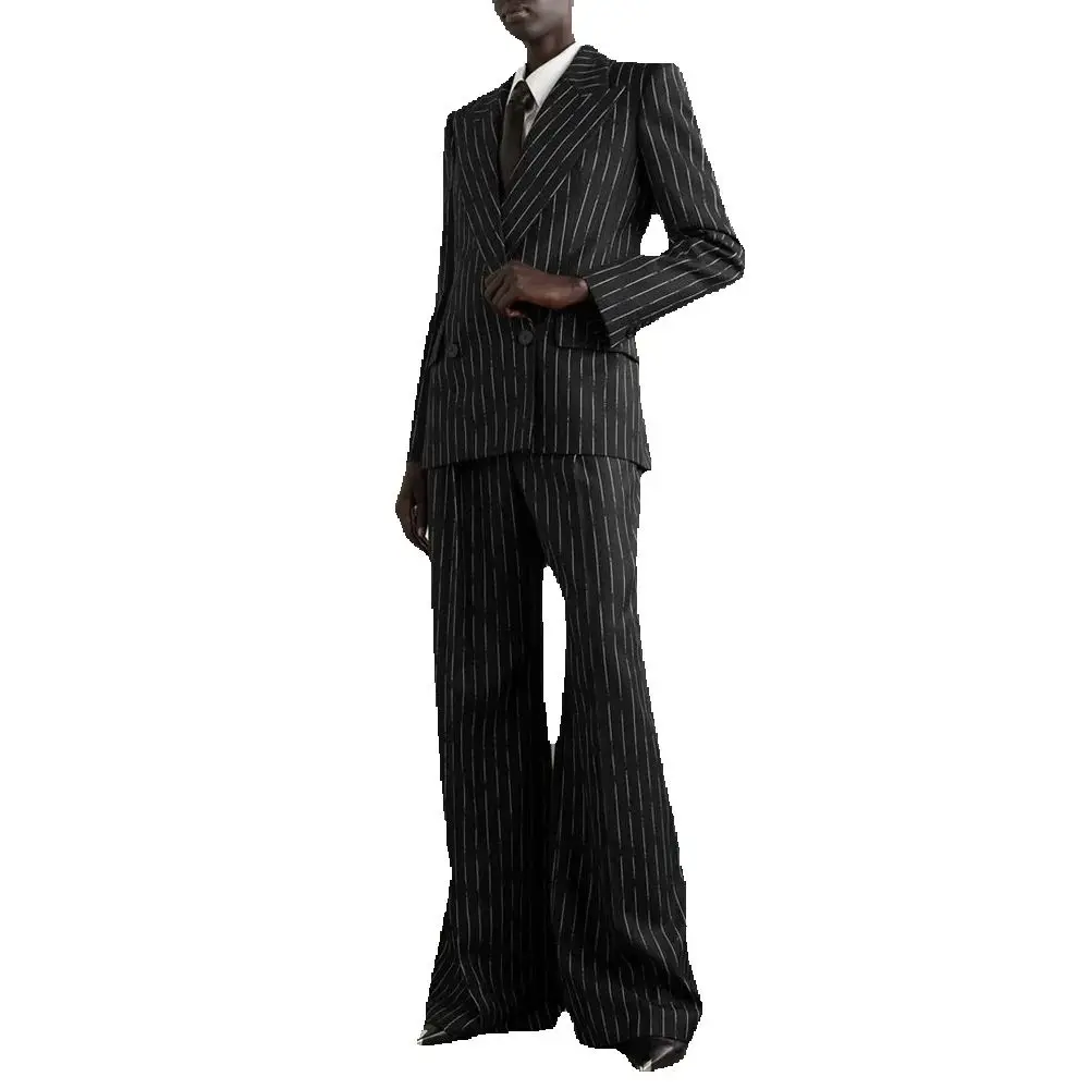 Black Stripe Double Breasted Women Bell-bottom Trousers Sets Fashion Slim Pants Suits Custom Made Clothing